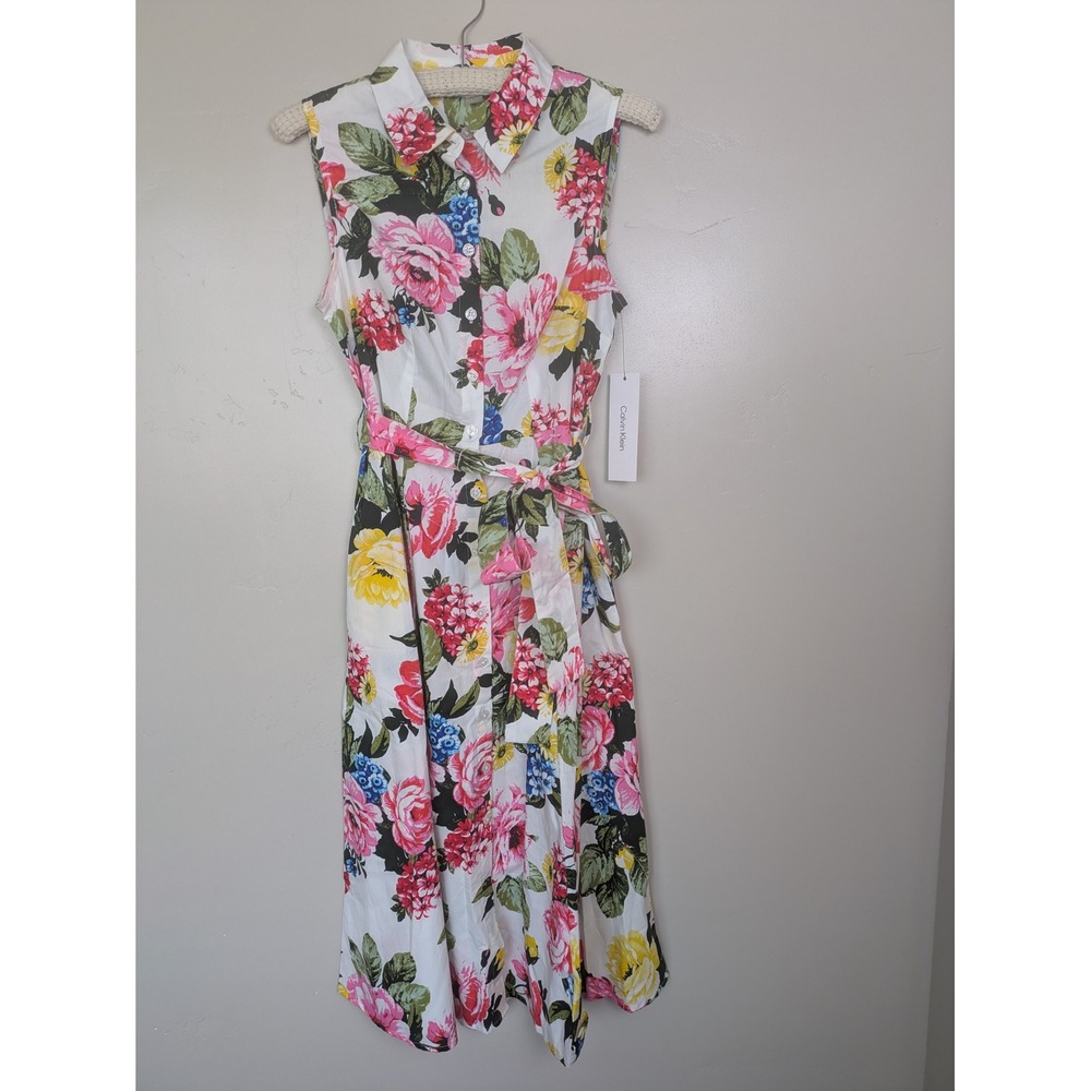 NEW Calvin Klein Midi Dress Women's 6 White Floral Sleeveless Button Front